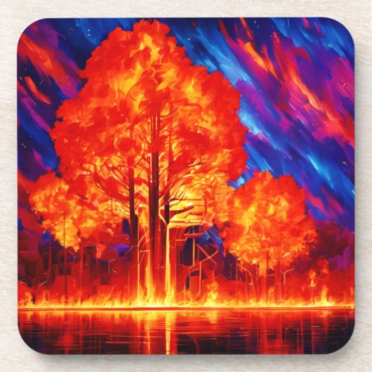 鮮やかな色彩で燃え立つ森 コースター (正面)