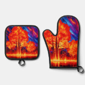 鮮やかな色彩で燃え立つ森 鍋つかみ&鍋敷きセット (正面)