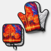鮮やかな色彩で燃え立つ森 鍋つかみ&鍋敷きセット (正面/裏面)