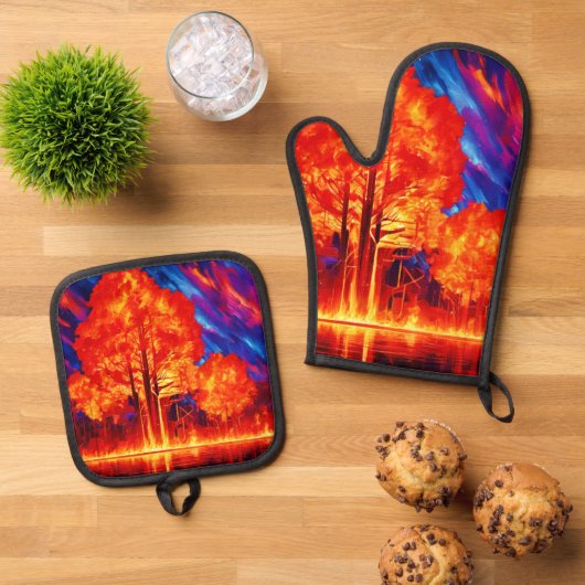 鮮やかな色彩で燃え立つ森 鍋つかみ&鍋敷きセット (トップダウン)