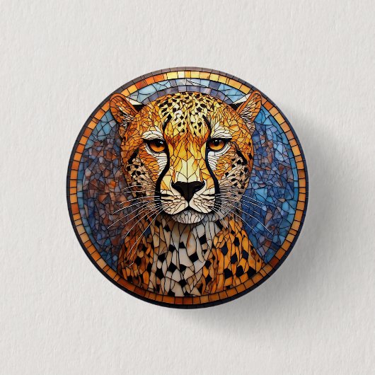 鮮やかな色彩と複雑な模様のヒョウ 缶バッジ (正面)