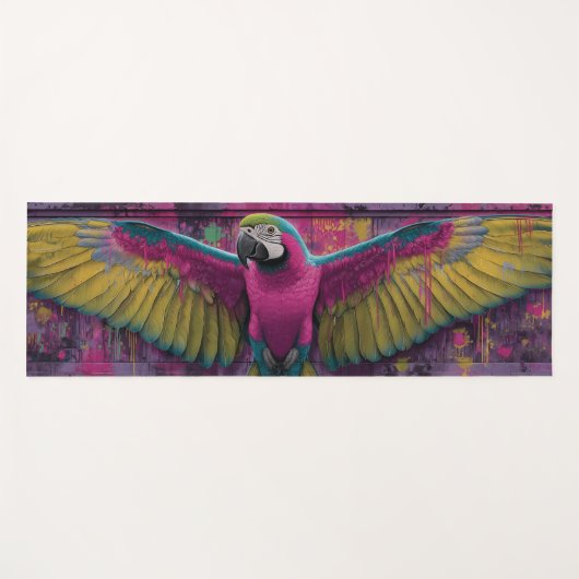 鮮やかな色彩のコンゴウインコのグラフィティ壁画 ピンクと黄色 ヨガマット (正面(横))