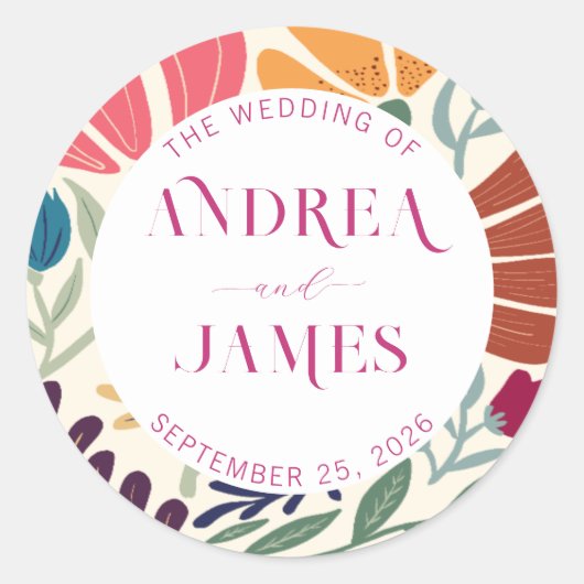 鮮やかな色彩のワイルドフラワー・アブストラクト・フラル・ウェディング ラウンドシール (正面)