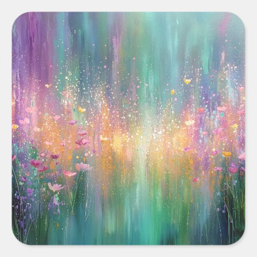 鮮やかな色彩の抽象的な花の絵画 スクエアシール (正面)