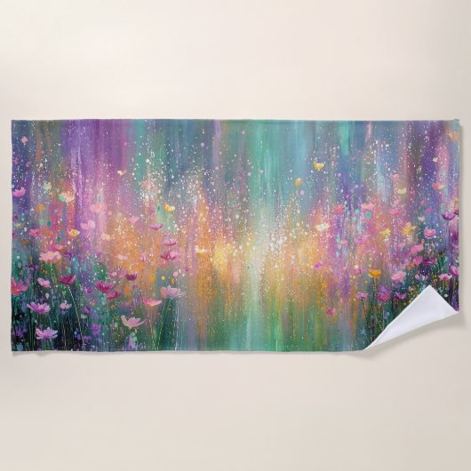 鮮やかな色彩の抽象的な花の絵画 ビーチタオル (正面)