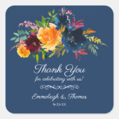 鮮やかな色彩の水彩花イラストの感謝を表すギフト スクエアシール (正面)