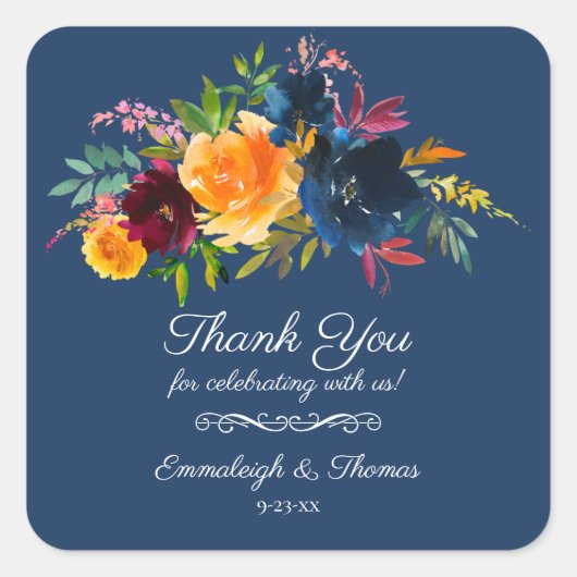 鮮やかな色彩の水彩花イラストの感謝を表すギフト スクエアシール (正面)