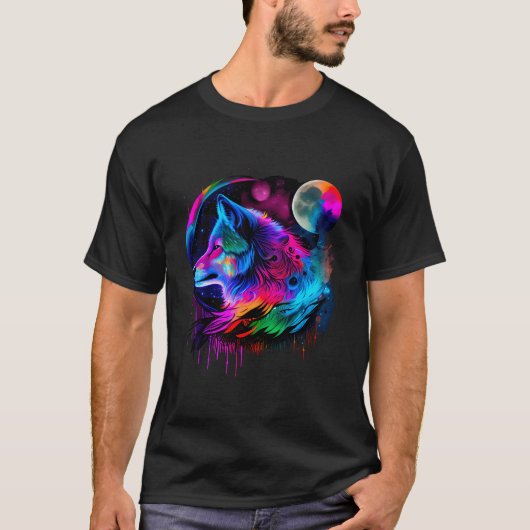 鮮やかな色彩の狼の顔 荒野 Tシャツ (正面)