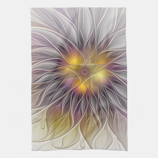 鮮やかな色彩の花、アブストラクトモダンなフラクタル キッチンタオル (縦)