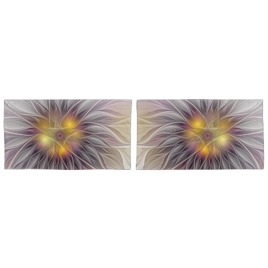 鮮やかな色彩の花、アブストラクトモダンフラクタル 枕カバー (正面-セット)