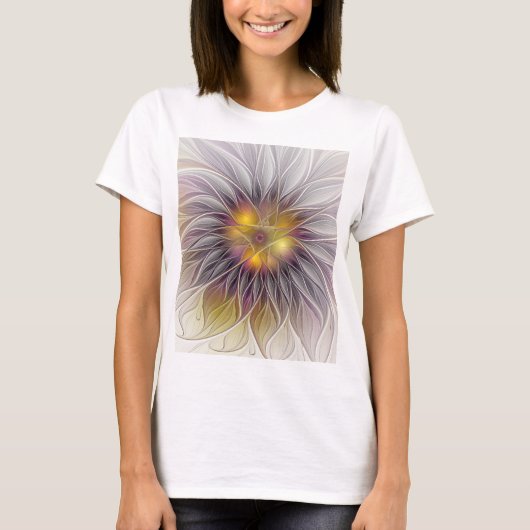 鮮やかな色彩の花、アブストラクトモダンフラクタル Tシャツ (正面)