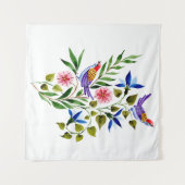 鮮やかな色彩の鳥と花の水彩画 タペストリー (正面(横))