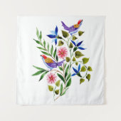 鮮やかな色彩の鳥と花の水彩画 タペストリー (正面)