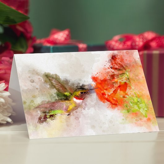 鮮やかな花でエサを食べるハチドリの水彩画 サンキューカード