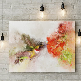 鮮やかな花で栄養をとるハチドリの水彩画 フォトプリント           