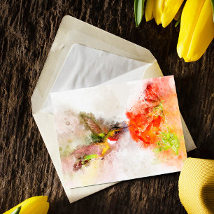 鮮やかな花で餌を食べるハチドリの水彩画 ポストカード