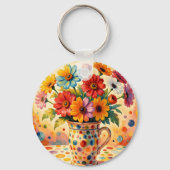 鮮やかな花とカラフルな水玉 キーホルダー (正面)