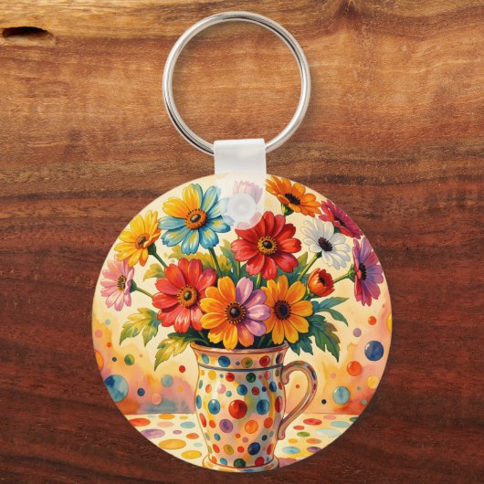鮮やかな花とカラフルな水玉 キーホルダー (裏面)