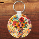鮮やかな花とカラフルな水玉 キーホルダー (正面)