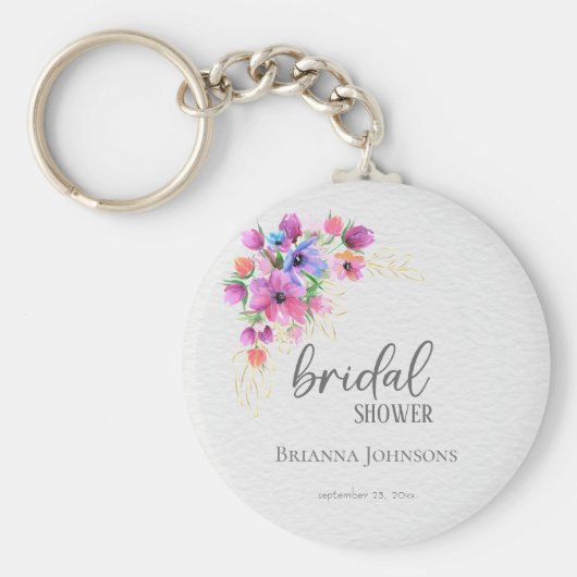 鮮やかな花とゴールドの緑の結婚前お祝い キーホルダー (正面)