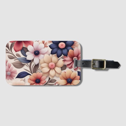 鮮やかな花と葉の模様 ピンク ラゲッジタグ (正面横)