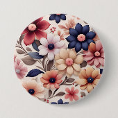 鮮やかな花と葉の模様 ピンク 缶バッジ (正面)
