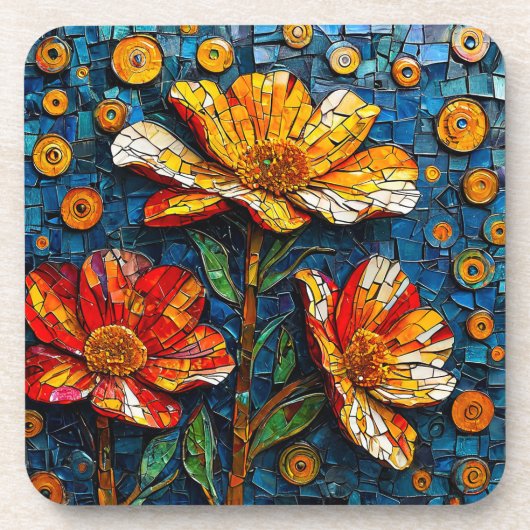 鮮やかな花のカラフルモザイクアート コースター (正面)