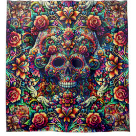 鮮やかな花のスーパーシュガー skull シャワーカーテン