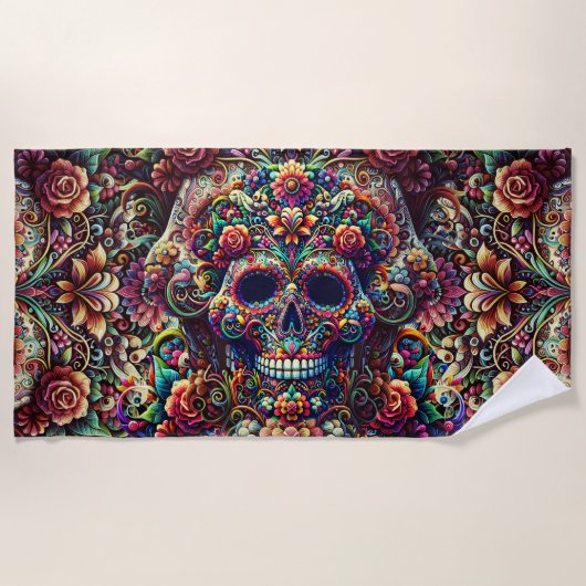 鮮やかな花のスーパーシュガー skull ビーチタオル (正面)