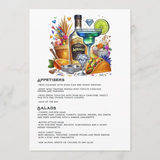 鮮やかな花のタコスとテキーラ フィエスタ セレブレーション メニュー (正面)