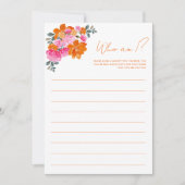 鮮やかな花のプリントの結婚前お茶会「私は誰？」ゲームカード 招待状 (正面)