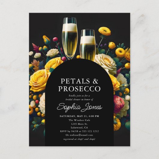 鮮やかな花のペタルとプロセッコのブライダルシャワー ポストカード (正面)