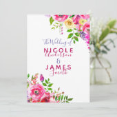 鮮やかな花のボールドピンクの春の植物学的なウェディング 招待状 (スタンド正面)