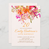 鮮やかな花のロマンチックな20歳の誕生日パーティー 招待状 (正面/裏面)