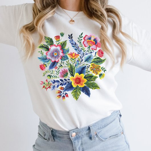 鮮やかな花のワイルドフラワーズ 偽の糸刺繍 スウェットシャツ