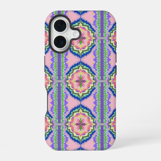 鮮やかな花の万華鏡：ピンク＆エメラルドのマンダラ iPhone 16ケース (裏面)