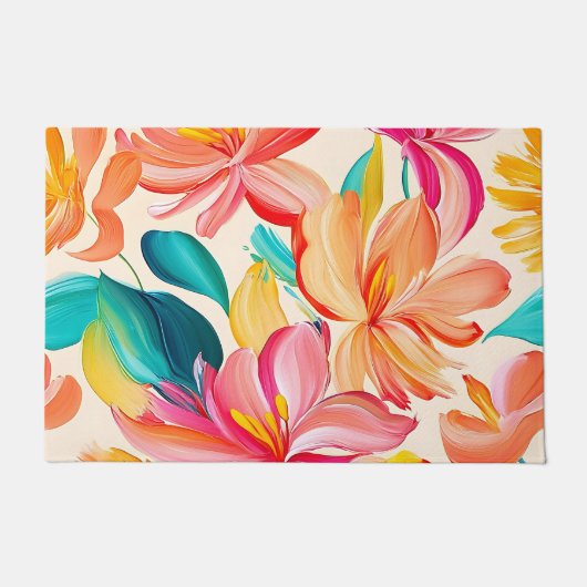 鮮やかな花の手描きデザイン ドアマット (正面)
