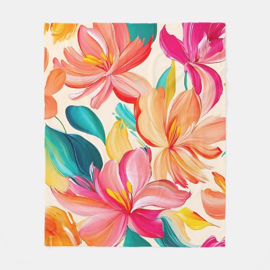 鮮やかな花の手描きデザイン フリースブランケット (正面)