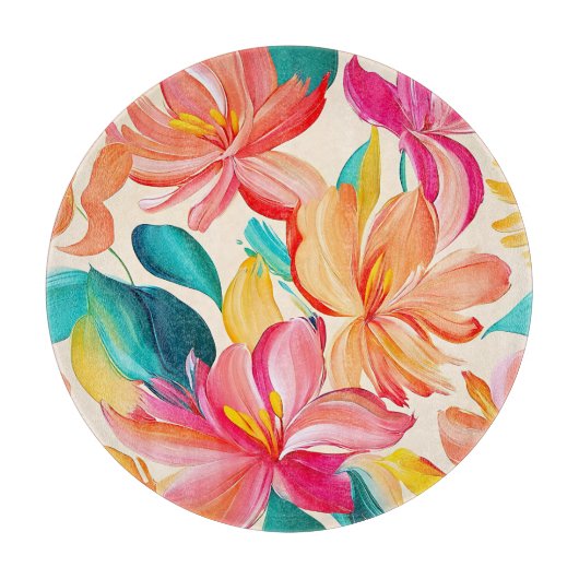 鮮やかな花の手描き模様 カッティングボード (正面)