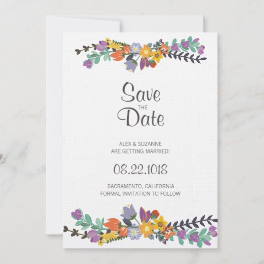 鮮やかな花の春の結婚式 Save the Date 招待状 (正面)