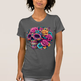 鮮やかな花の死者の日スケルトン Tシャツ