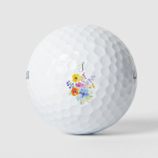 鮮やかな花の水彩モノグラム ゴルフボール (正面)