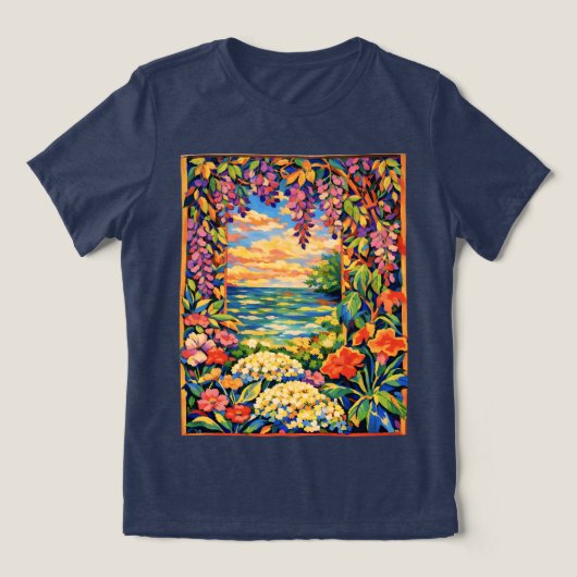 鮮やかな花の海洋サンセットガーデン – Fauve トライブレンドTシャツ (デザイン正面)