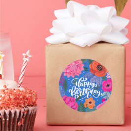 鮮やかな花の誕生日グリーティングカード ラウンドシール
