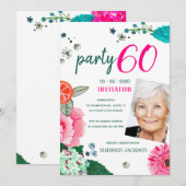 鮮やかな花の60歳誕生日パーティーの写真 招待状 (正面/裏面)