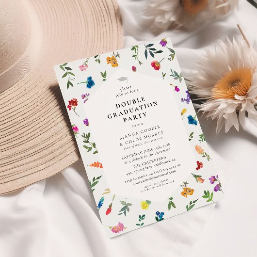 鮮やかな花をあしらったおしゃれな二人の卒業パーティー 招待状