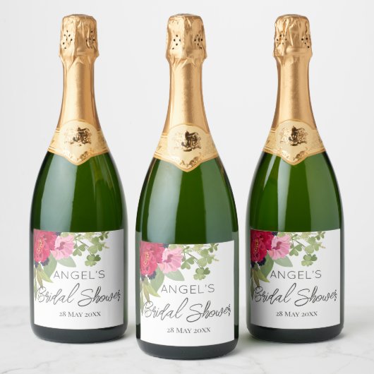 鮮やかな花束のブライダルシャワー スパークリングワインラベル (ボトル)