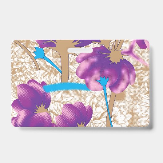 鮮やかな花柄で、紫と青のフ バッジ (正面)