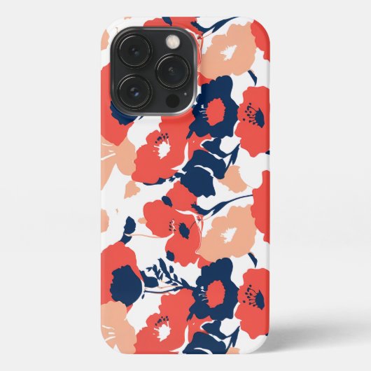 鮮やかな花柄で、赤とネイビーブルーが流れるように動く iPhoneケース (裏面)