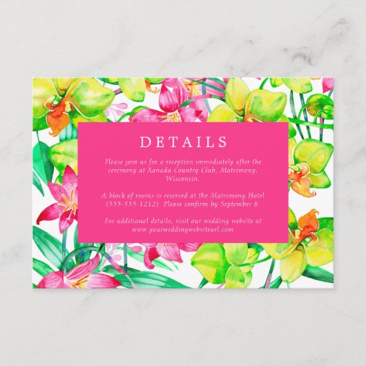 鮮やかな花柄のピンクの水彩画 ウェディングの詳細情報 エンクロージャーカード (正面)